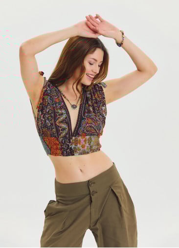 Deep V Neck Waist Gipel Brown Crop Blouse 4632
